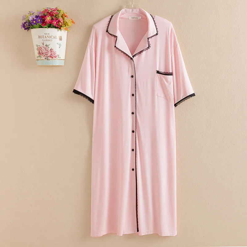 

Large Size 3XL 4XL Lapel Cardigan Modal Nightgown Women's Summer Short Sleeved Long Nightdress Intimate Lingerie Nightwear