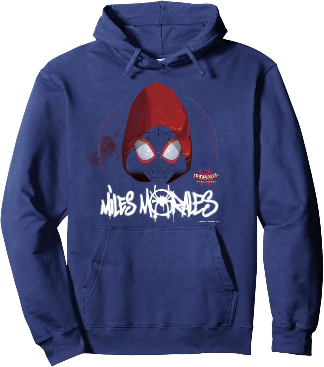 Mens Cotton Fleece Hoodie with Miles Morales Spider Man Print Red Black Mask Design Blue Red Circle Frame on Black Pullover