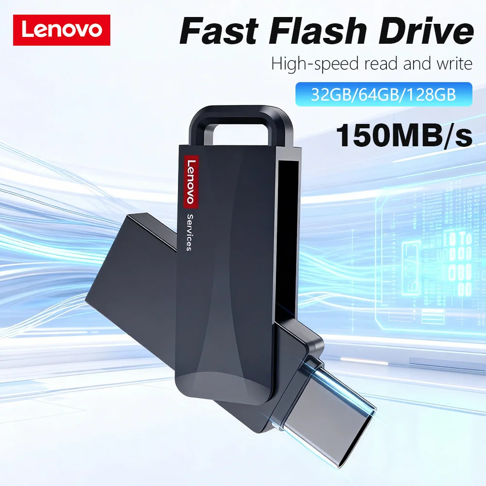 

Lenovo Dual USB 3.2 Type-C Flash Drive 32/128GB,Metal Housing Swivel Mini Design Thumb Drive,150MB/s Reading Speed