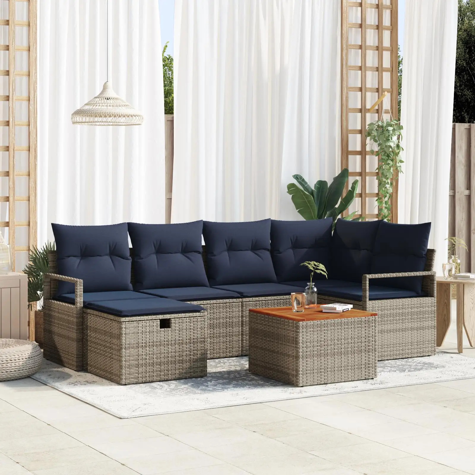 

7 Piece Grey Poly Rattan Garden Sofa Set with Soft Cushions Comfortable Outdoor Seating Furniture