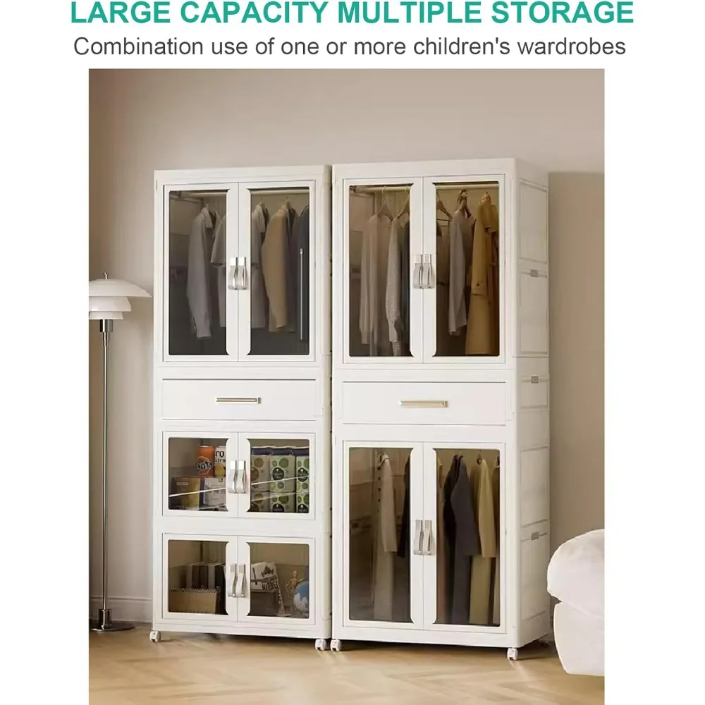 wardrobe.Portable Kid Wardrobe,Plastic Closet Organizer with Hanging Rod,Collapsible Wardrobe Closet Storage Cabinet for Bedroom