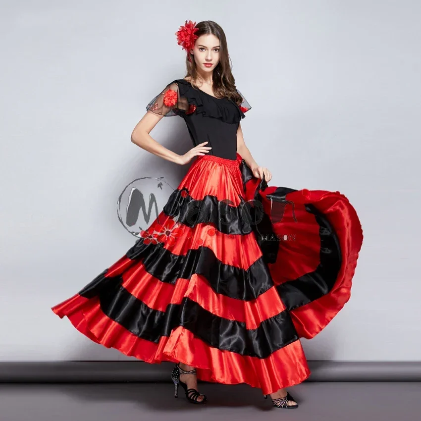 New Adult Kids Gypsy Girls Women Spanish Flamenco Skirt Striped Satin Silk Big Swing Belly Dancing Red Skirt Team Performance