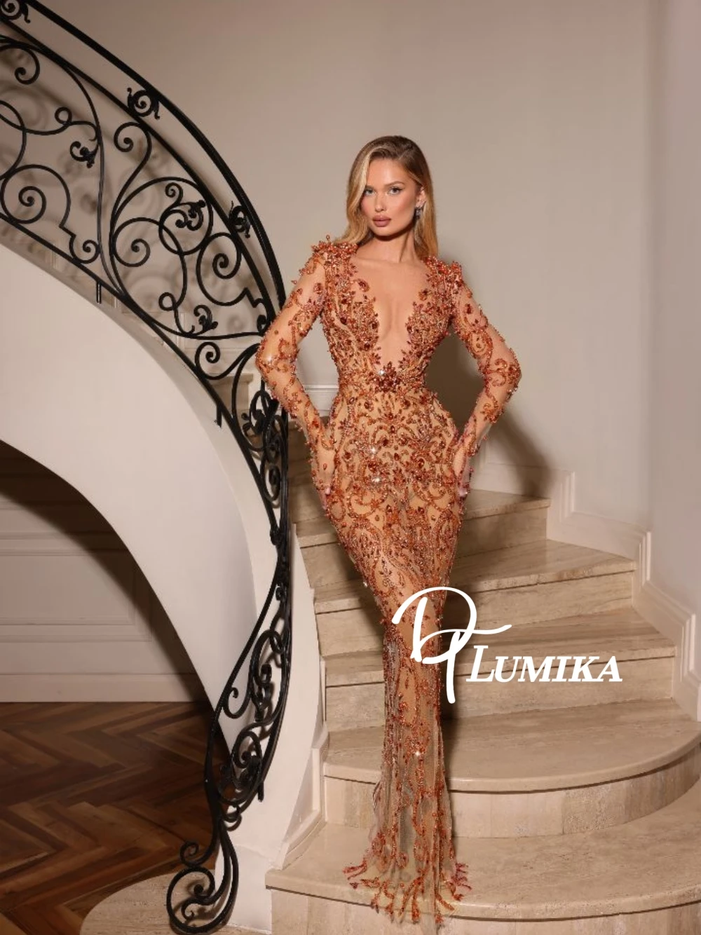 

Медное сексуальное сетчатое вечернее платье телесного цвета с глубоким V-образным вырезом и длинными рукавами, расшитое бисером и жемчугом, блестящее потрясающее платье русалки для выпускного вечера