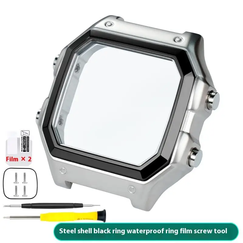 Für Casio 3299 AE-1200WH Uhrengehäuse, modifiziertes AE1200 Edelstahl-Uhrengehäuse, Metallgehäuse mit wasserdichtem Ring, Schwarz und Silber