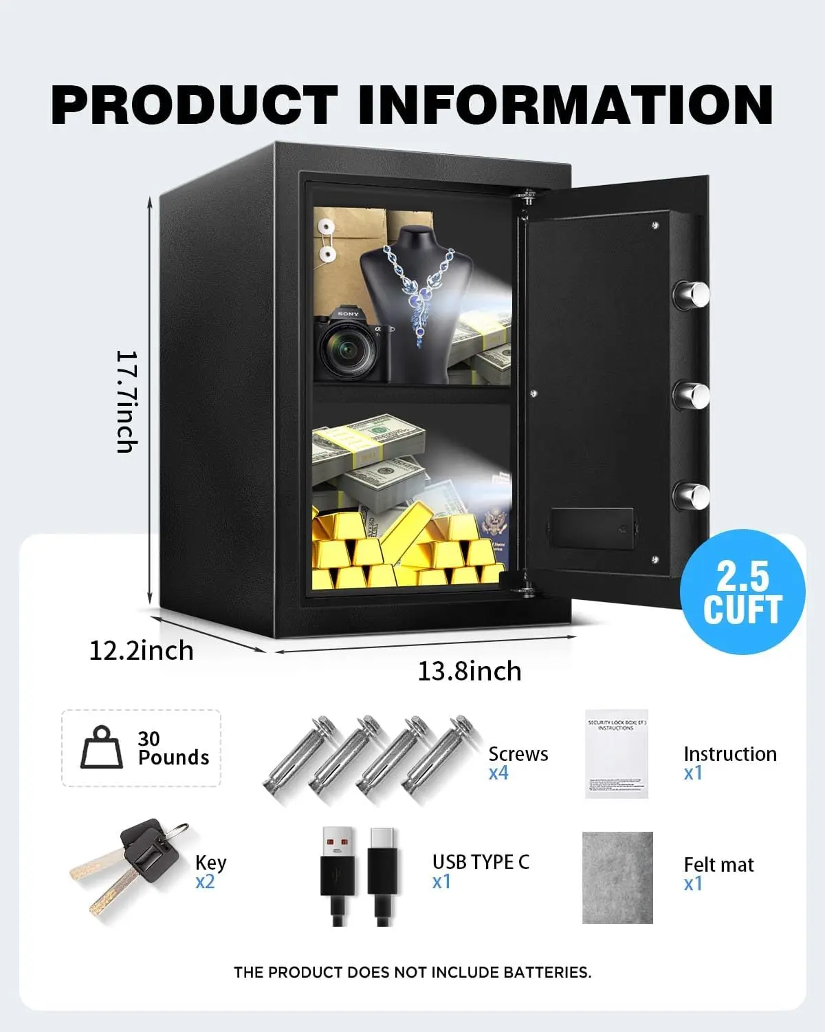 2.5 Cu Ft Safe Box for Home Steel Electronic Digital Safety Box Personal Security Lock Box with LED Sensor Light Emergency Type-