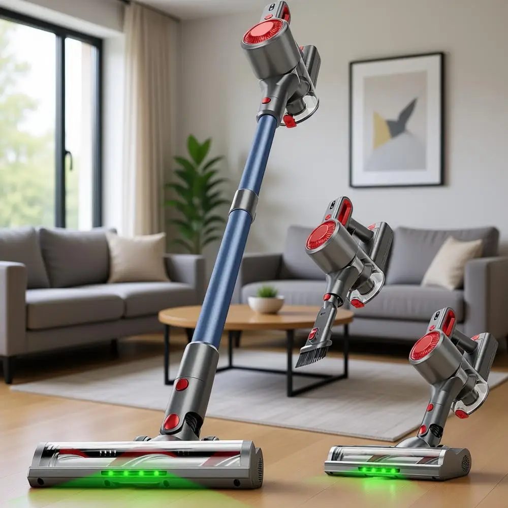 

Powerful Stick Vacuum with Rechargeable Battery, Green Light Anti-Brush, 6-in-1 Lightweight Handheld Vacuum for Pet Hair, Hard F