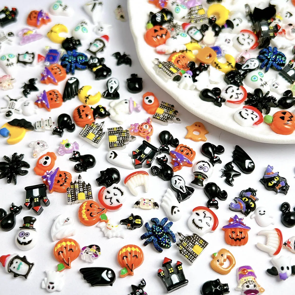 

3D Creative Halloween Blind Box Mixed Resin Nail Charms Cartoon Ghost Skull Pumpkin Nail Art Decorations for DIY Hairpin Nails