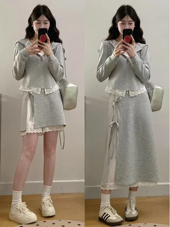 

plus Size Korean Style Early Autumn Outfit Set Women's Design Lace Top Slimming Half Skirt Anti-Aging Two-Piece Set