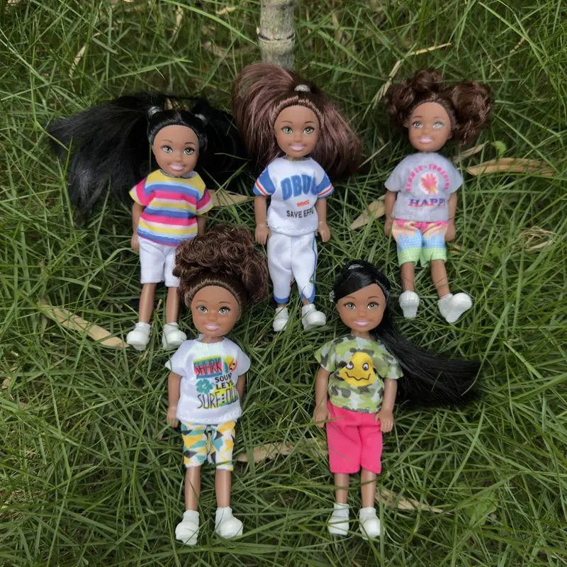 

Kawaii 5 Items / Lot African Girls Black Doll 14cm Daughter Sister Body Shoes Clothes For Kids DIY Game Best Birthday Present