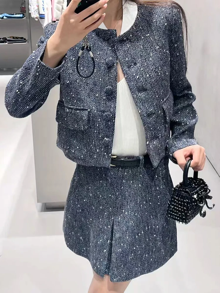 

Autumn New Fashion Contrasting Collar Sequins Blue Tweed Coat Outwear Top Women or High Waist Shorts Skirts Ladies Suit Set