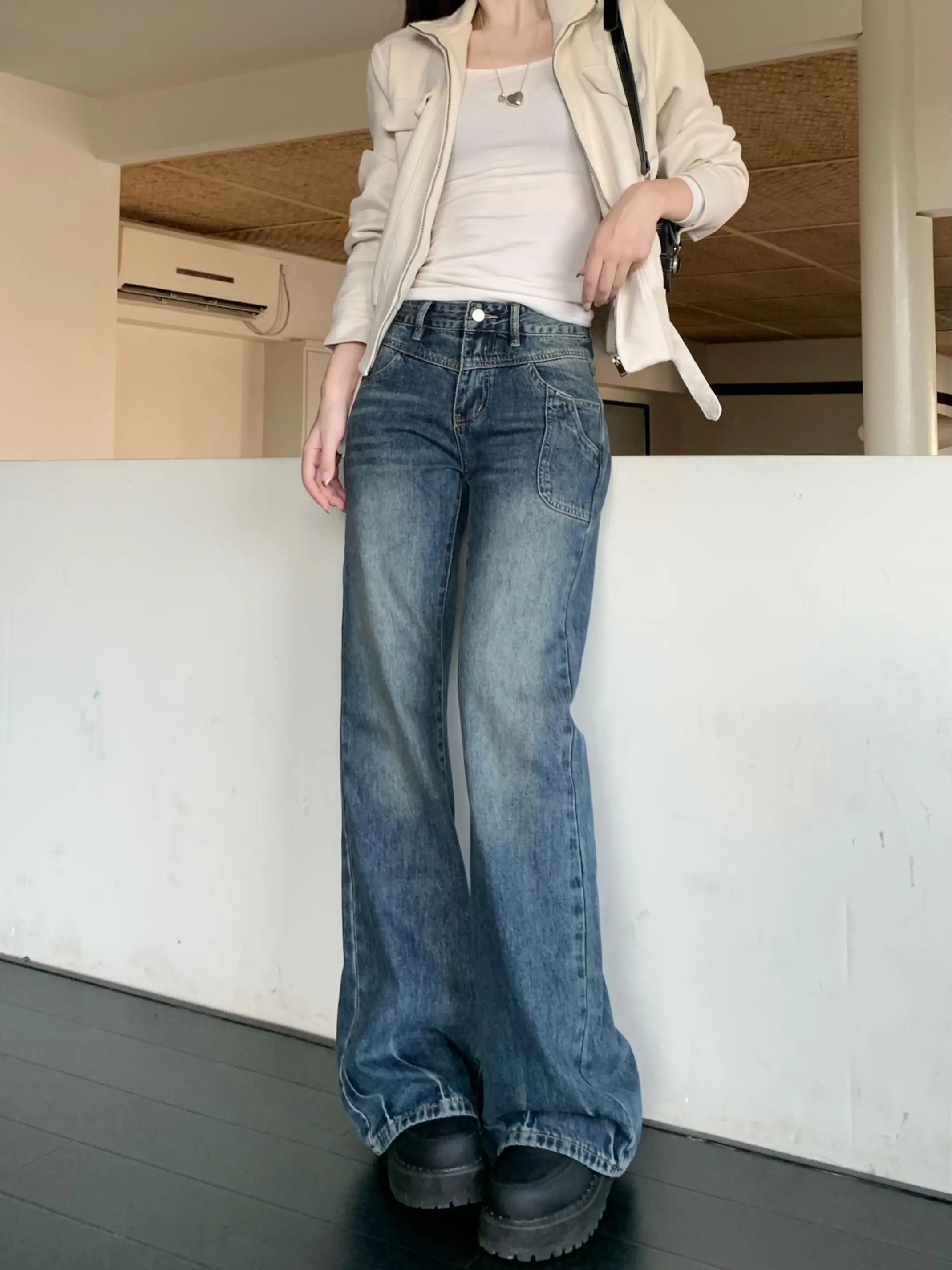 Retro Faded Bell Bot Jeans Damen-Jeans mit niedriger Taille, schmaler, bodenlanger Freizeithose, vielseitige lange Hose mit weitem Bein