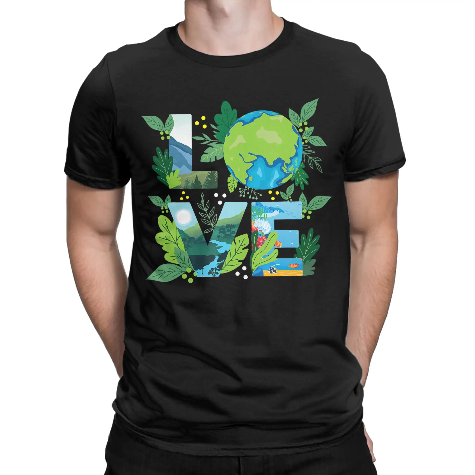 Earth Love Power Peace World Men's T Shirts  Hipster Tee Shirt Short Sleeve Crewneck T-Shirts 100% Cotton 6XL Clothing