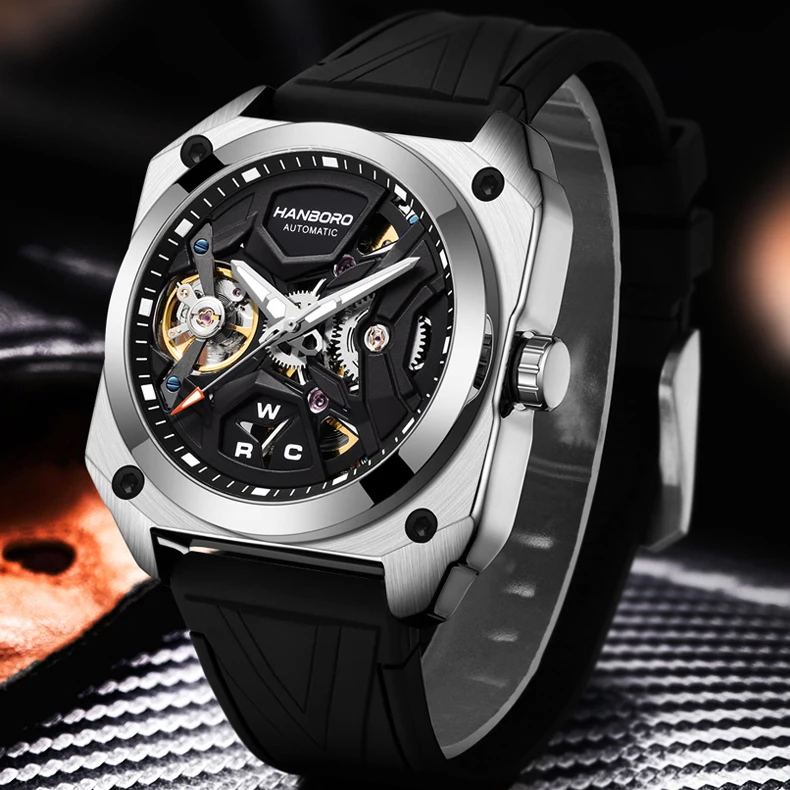 HANBORO New Men Luxury Watches Hollow out Square Automatic Watches Fashion Waterproof Luminous Trendy Mechanical Wristwatch