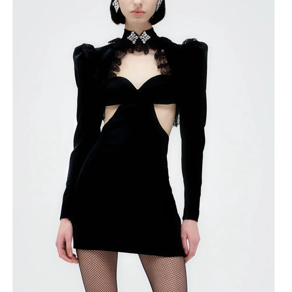 

Spring Women Fashion Designer Sexy Lace Dress Ladies Sexy Long Sleeve Stitching Hollow Out Shoulder Party Nightclub Dress Black