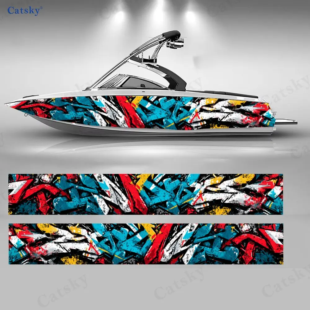 2Pcs Red & Blue Splatter Graffiti Boat Sticker, PVC Waterproof Durable Vinyl Wrap Decals for Fishing Boat, Durable Design