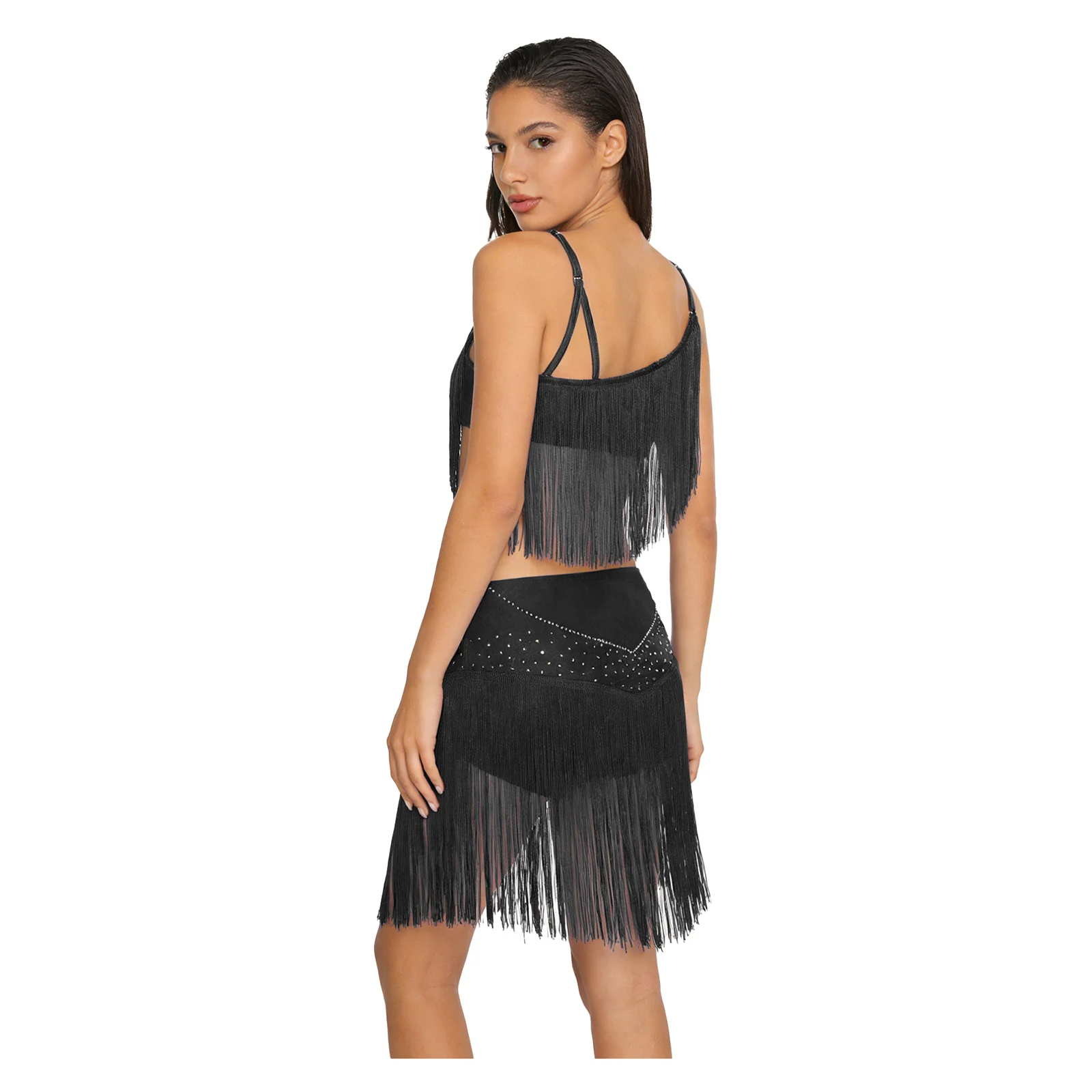 ชุดบอดี้สูทเต้นรำสำหรับผู้หญิง ประดับพู่ห้อย สำหรับการแข่งขันเต้นลาติน ชะชะช่า ลีริคอล ประดับเลื่อม สำหรับเต้นรุมบ้า ซัลซ่า แทงโก้ บอลรูม