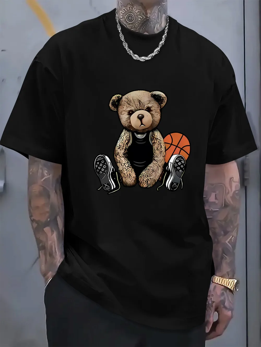 Fashionable new men's summer basketball training teddy bear print micro elastic breathable round neck T-shirt outdoor street top
