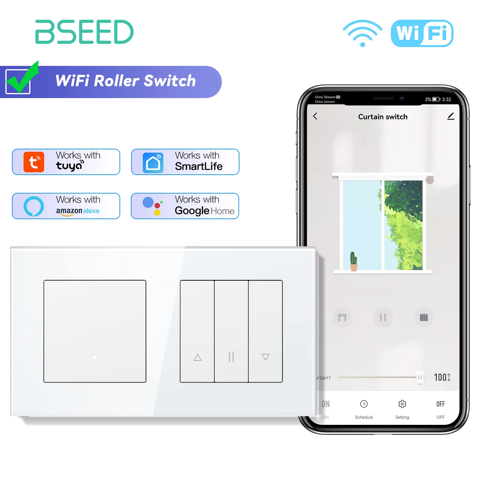 BSEED Wifi Smart Blind Shutter Schalter Mechanische Tasten App Steuerung Plus Licht Normale EU Buchse USB Typ-c Schnelle aufladen 10
