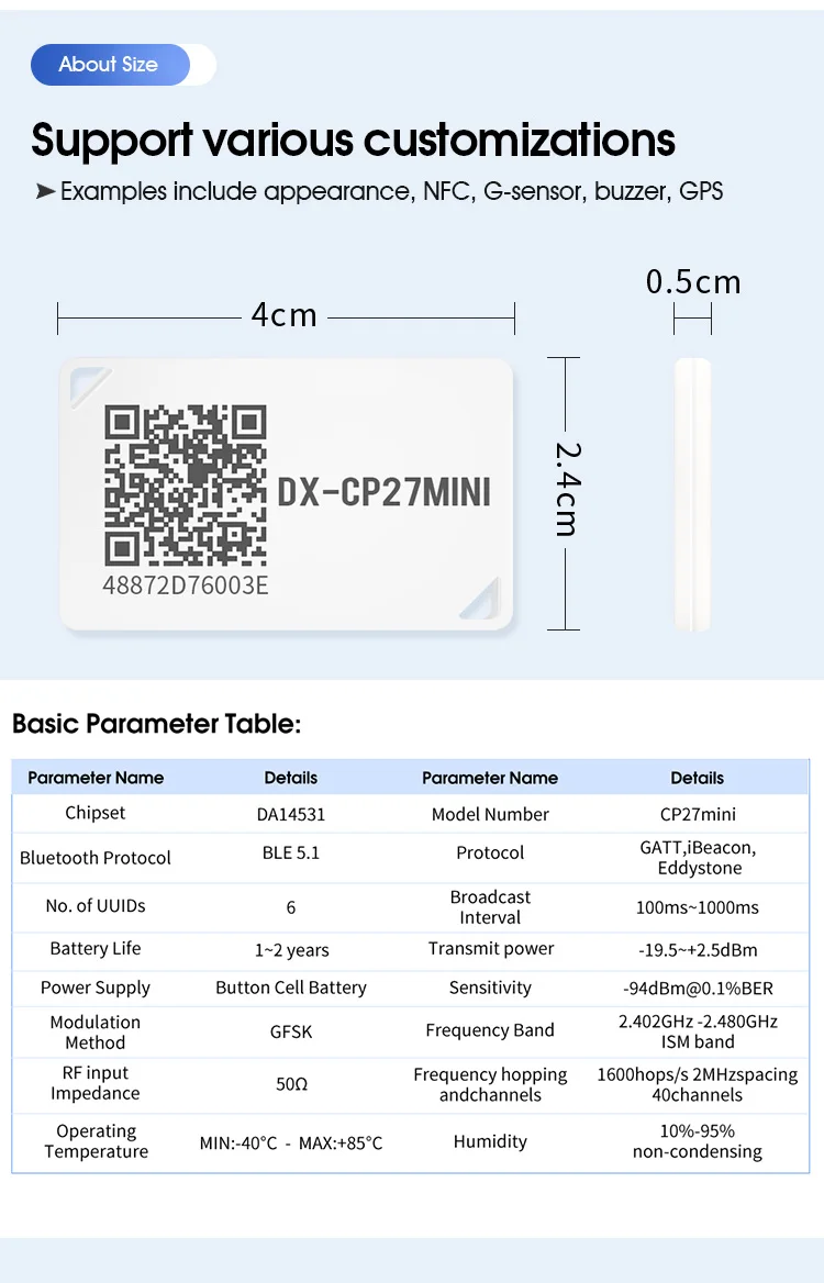 DX-IOT Wireless Eddystone kleinste Mini-Größe iBeacon DA14531 BLE 5.1 Tags Tracker Standort Bluetooth Beacon mit IP67 wasserdicht – Detail 11