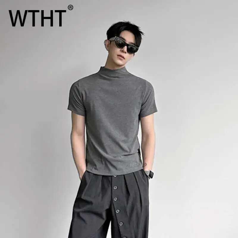 

WTHT Fashion 2026 Summer Men's Solid Color Slim Fit Casual T-shirts Vintage Stand Collar Short Sleeves Tops Male 2A3040
