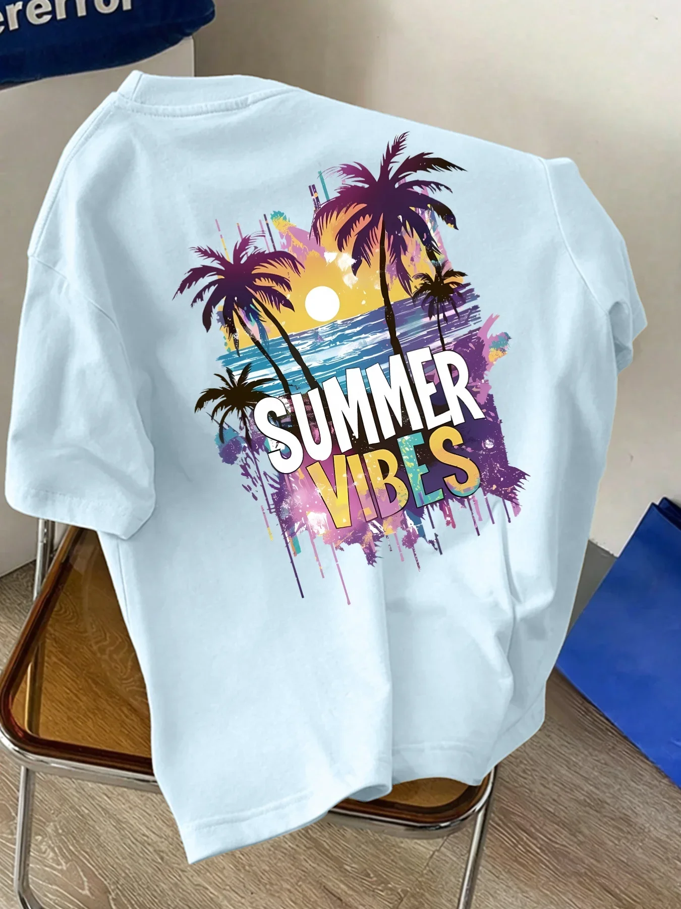 Men's 100% Cotton T-Shirt Summer Palm Tree Sunset Graffiti Crew Neck Short Sleeve Loose Fit Tropical Beach Vacation Casual Top
