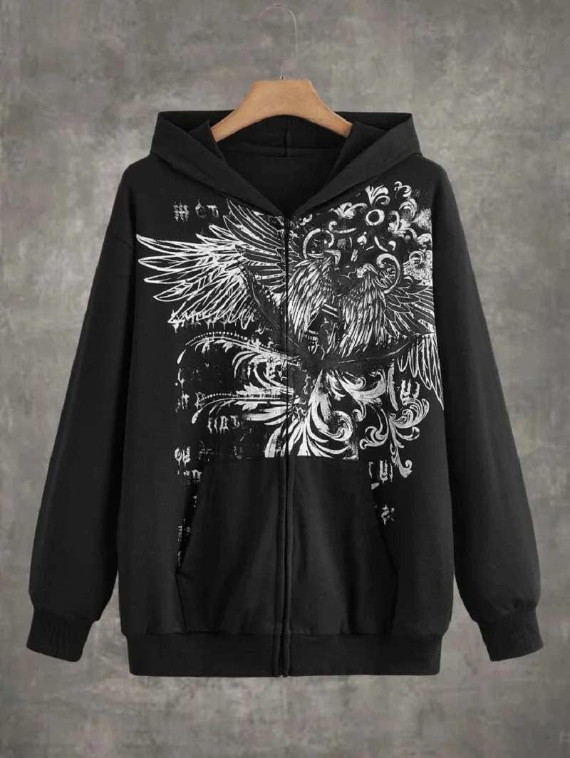 Y2K Cross border European and American Women\'s Loose Edition Personalized Street Eagle Print Zipper Cardigan Hoodie Hoodie Women