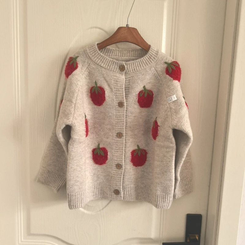 Girls' Knitted Cardigan 2025 New Autumn Baby Girls' Strawberry Embroidered Sweater Children's Elegant Knitted Coat Trendy