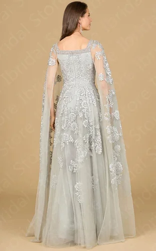 Imagen 2 del producto Precioso vestido de encaje plateado para madre de la novia, vestidos de manga larga con cuello Barco, vestidos de fiesta de boda con apliques azules, 2024