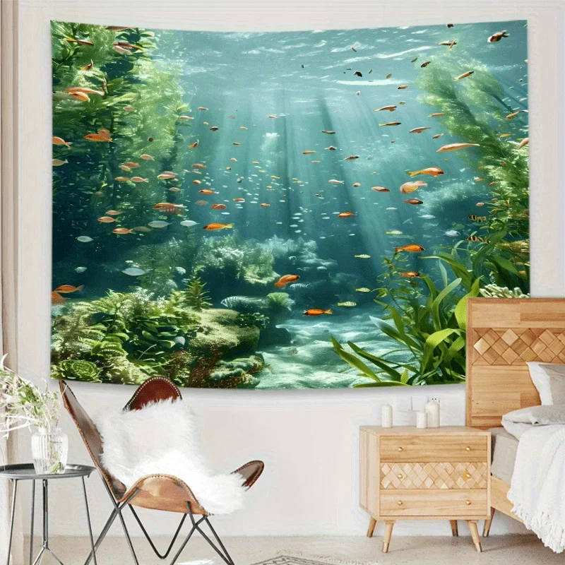 

Oversized tropical marine coral reef tapestry-vibrant fish and aquatic plants wall hanging for bedroom living room decoration