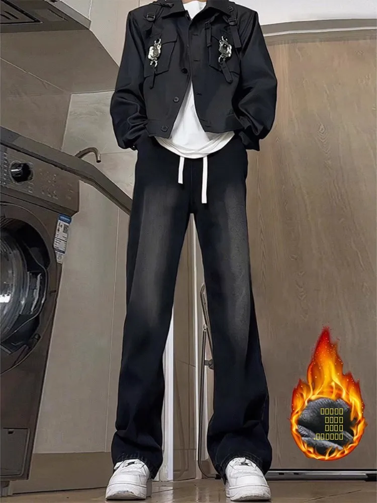 

Мужские джинсы с прямым кроем, на флисовой подкладке, из плотного черного денима, в стиле High Street, для зимы, молодежная мода