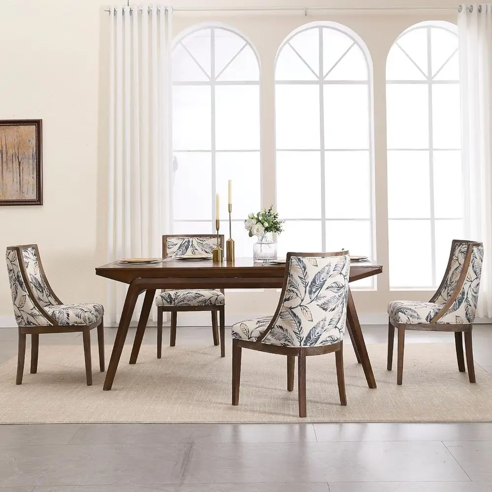 Juego de 4 Sillas de Comedor Estilo Rústico, Sillas Laterales de Madera con Respaldo Curvo y Tapicería de Lino, Sillas de Cocina de Madera Maciza