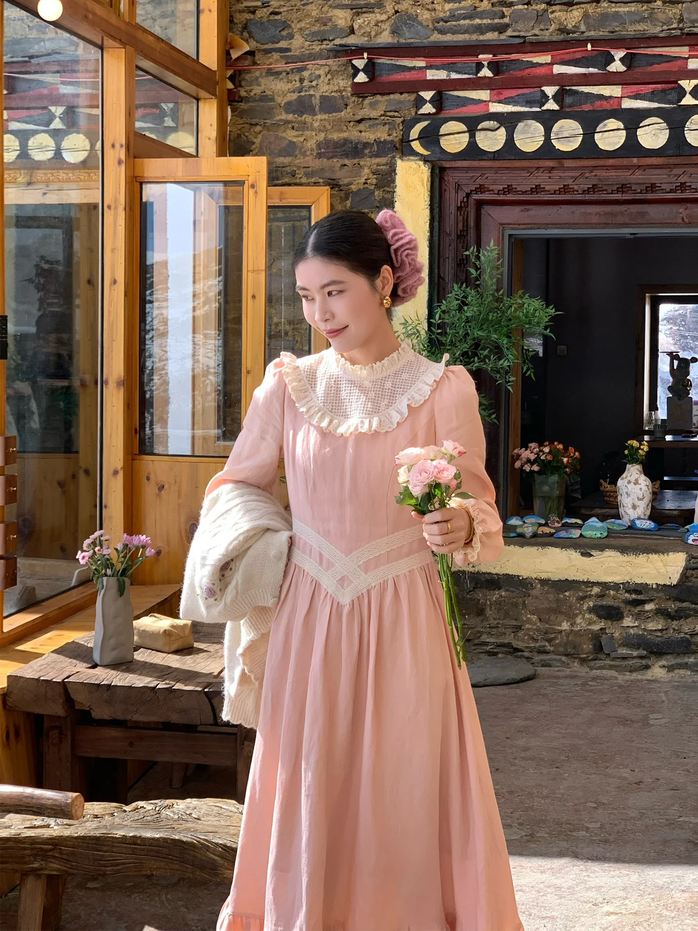 TIYIHAILEY printemps automne lin femmes robe rose à manches longues mi-mollet dames vêtements S-L Vintage taille haute 2026 dentelle
