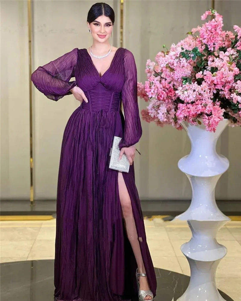 customizedWomen 2025 A-Line Formal Evening Dresses Formal Party Dresses Side Slit Long Sleeves Deep V Neck Corset Prom Gowns