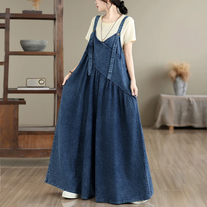 plus Size Denim Overalls Long Loose Fitting Retro Style City Outdoor Cotton Polyester Blend High Waist Wide Leg Pants