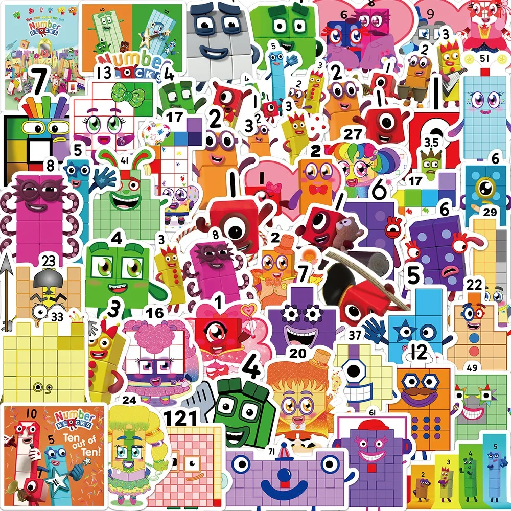 50 Uds. De pegatinas de grafiti de la serie de bloques de construcción digitales con iluminación de números de dibujos animados, adecuadas para cascos de ordenador portátil, decoración de escritorio