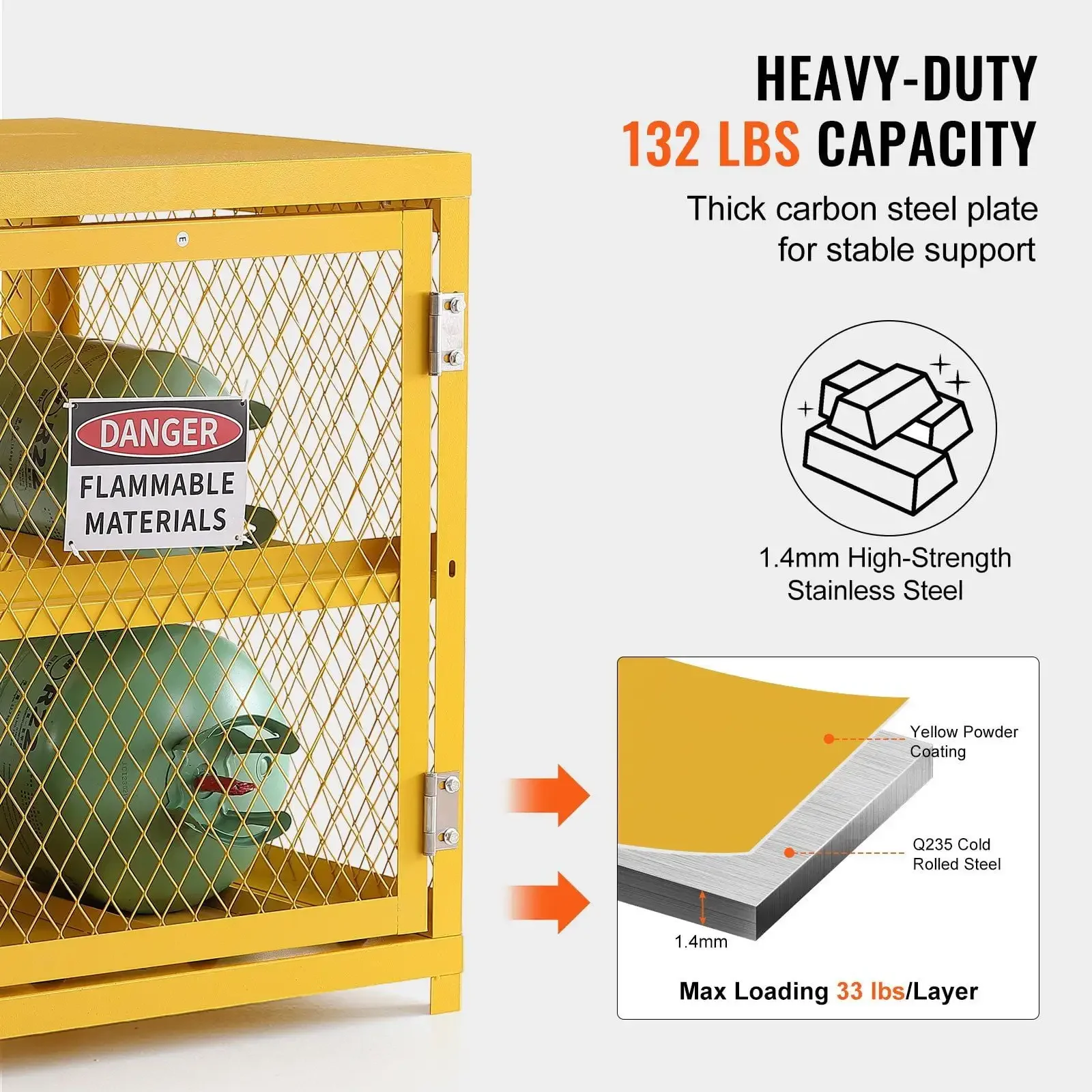 수평 실린더 보관 캐비닛, 4 x 33 lbs 실린더 용량, 31.02x30.04x35인치 프로판 보관 케이지, 가스 실린더 캐빈