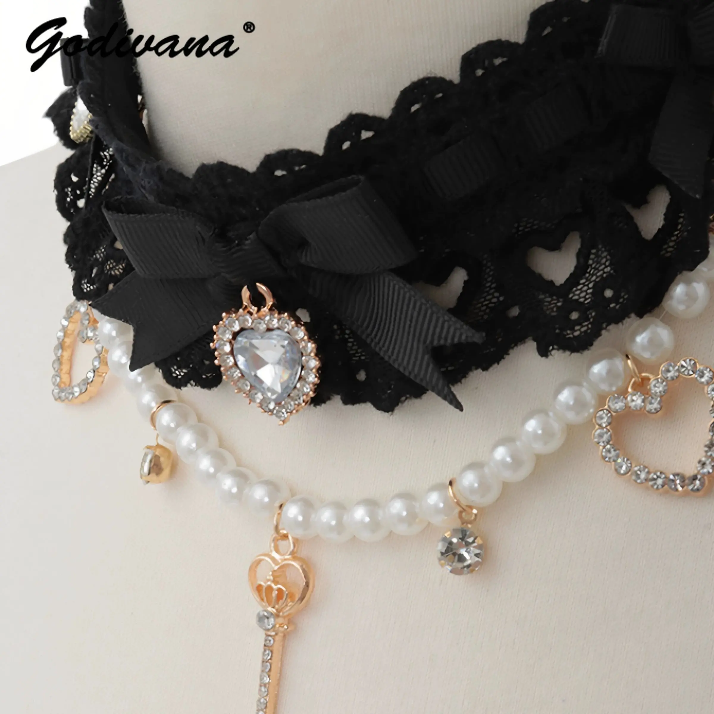 japanese-style-new-liz-rhinestone-heart-pearl-bow-key-pendant-choker-sweet-girls-women's-lace-bow-lolita-pearl-chain-necklace