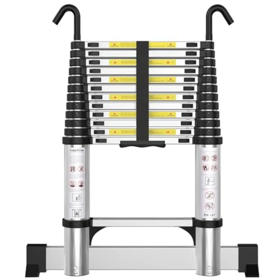 

Алюминиевая телескопическая лестница 3,8 м с крюками и стабилизатором - Выдвижная лестница для дома, чердака, крыши, автодома, работ - 150 кг