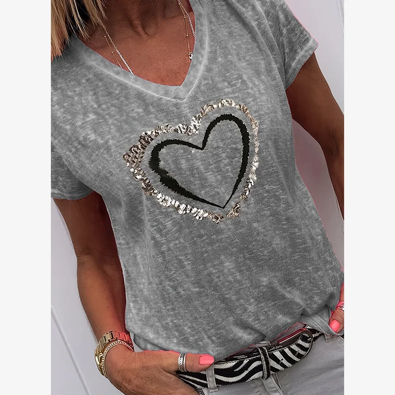 Embroidery On Shirt - Women's Elegant Heart-Shaped Print + Embroidered