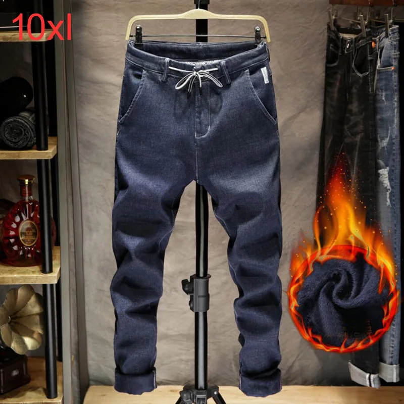 Oversized plus fleece thick jeans Blue male winter youth loose plus size warm pants high waist male large jeans 8xl 9xl 10xl