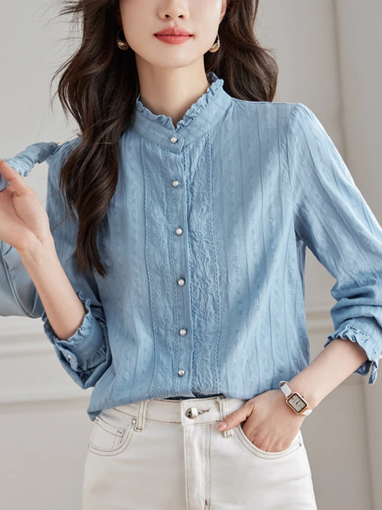 女性用スタンドアップカラーブラウス,長袖トップス,カジュアルシャツ,抵抗力のある服,春と秋