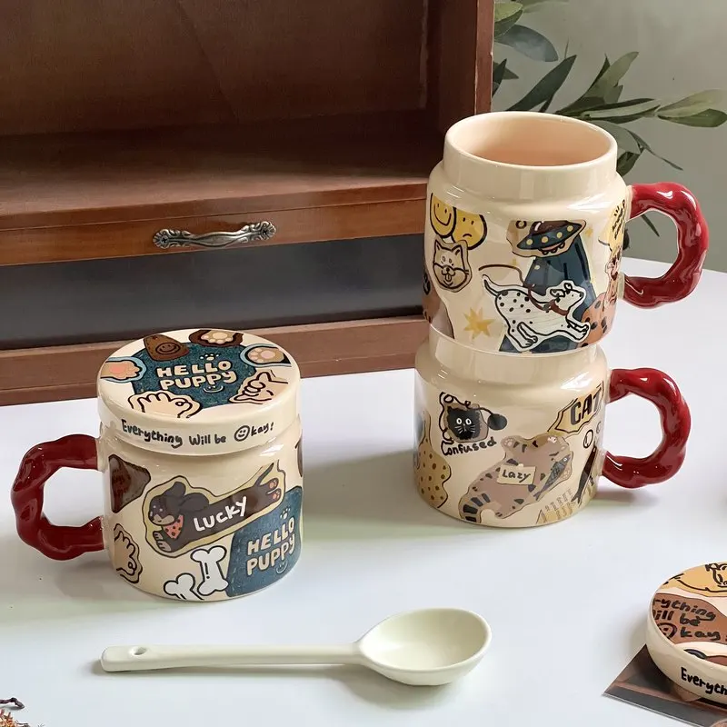 

American Vintage Ceramic Coffee Mug With Lid Cartoon Dog Print Dustproof Heat Resistant For Office Home Birthday Gift