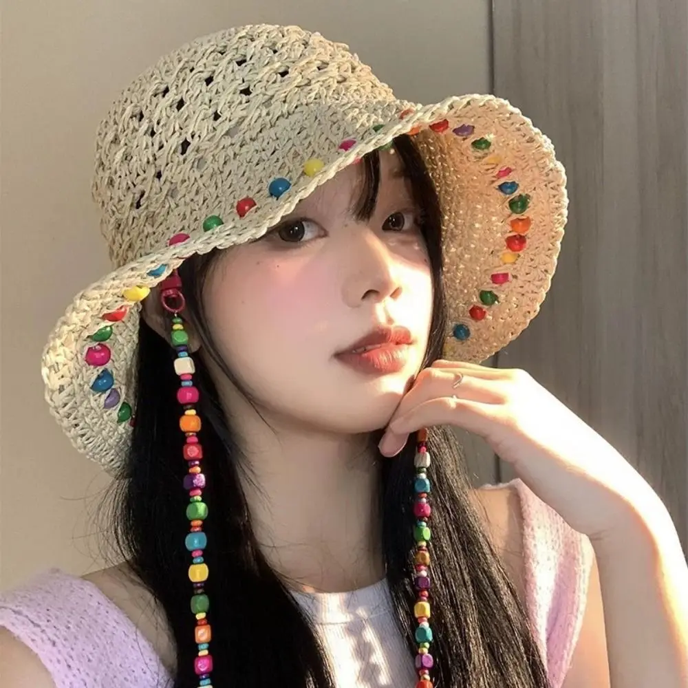 

Summer Elegant Woman's Straw Hat Breathable Foldable Colorful Straw Hat Sun Protection with Rope Sun Protection Cap Travel