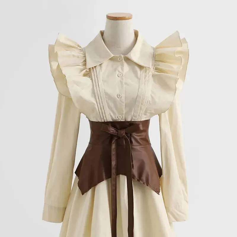 Gaun Kemeja Lengan Panjang Antik Perancis Gaun Pendek A-Line Lengan Puff Musim Semi Wanita Set 2 Potong Mode Pakaian Wanita Dsss