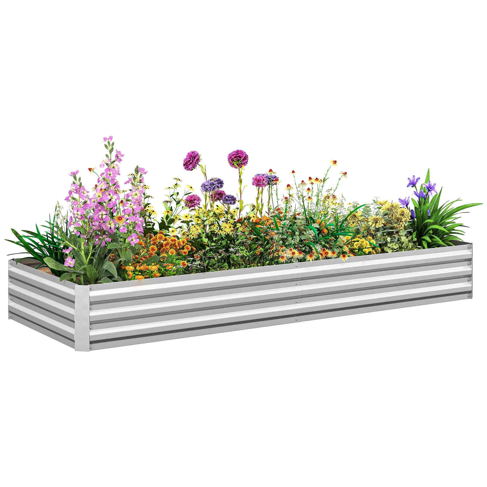 Outsunny Grote Rechthoekige Gegalvaniseerde Stalen Buitenplantbak voor Terras met Open Bodem 241X90.5X30 cm Zilver