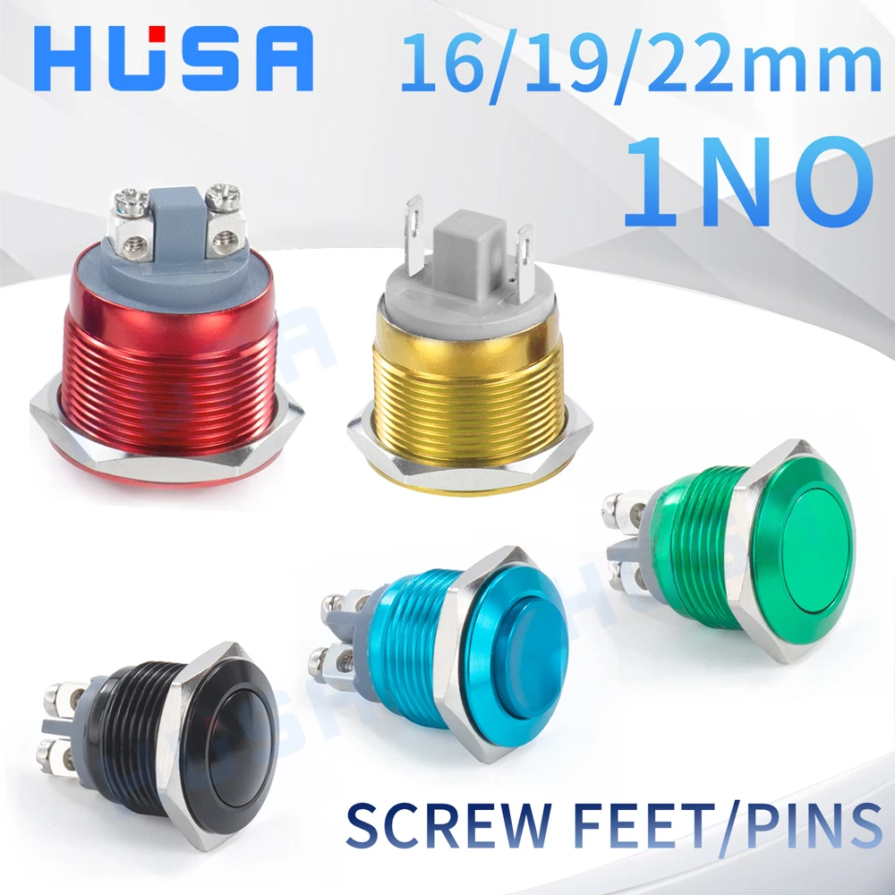 

1NO 16/19/22mm Momentary flat/spherical/high headmetal push button switch screw terminal for auto push button Pins HUSA NO LED