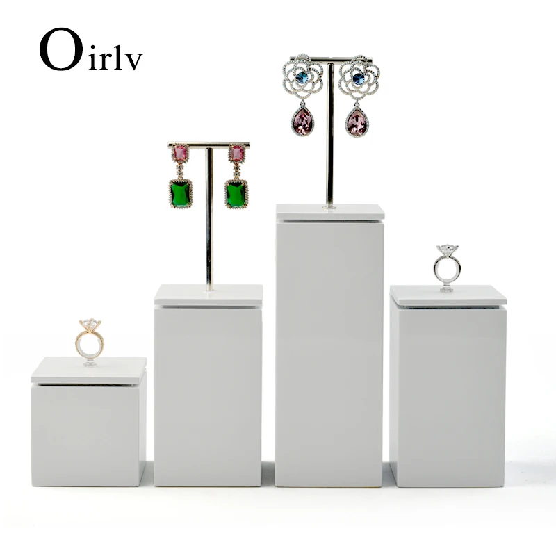 Oirlv PU Leather Jewelry Display Tray with Solid Wood Champagne Ring Necklace Bangle Earring Display Stand Organizer Showcase