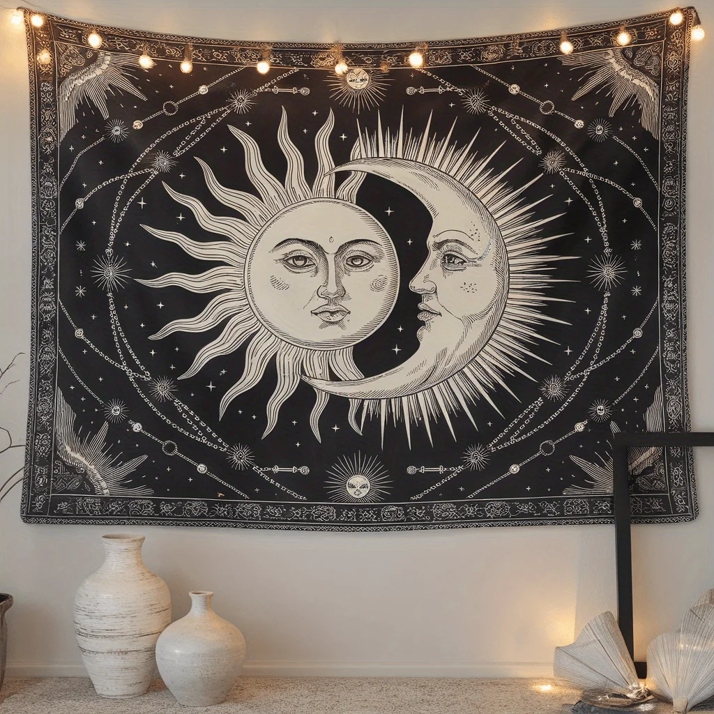1 unidade Tapiz con Patrón de Sol y Luna, Fondo Fotográfico para Colgar en Pared, Decoração para Sala, Dormitorio, Oficina, Hogar, Re