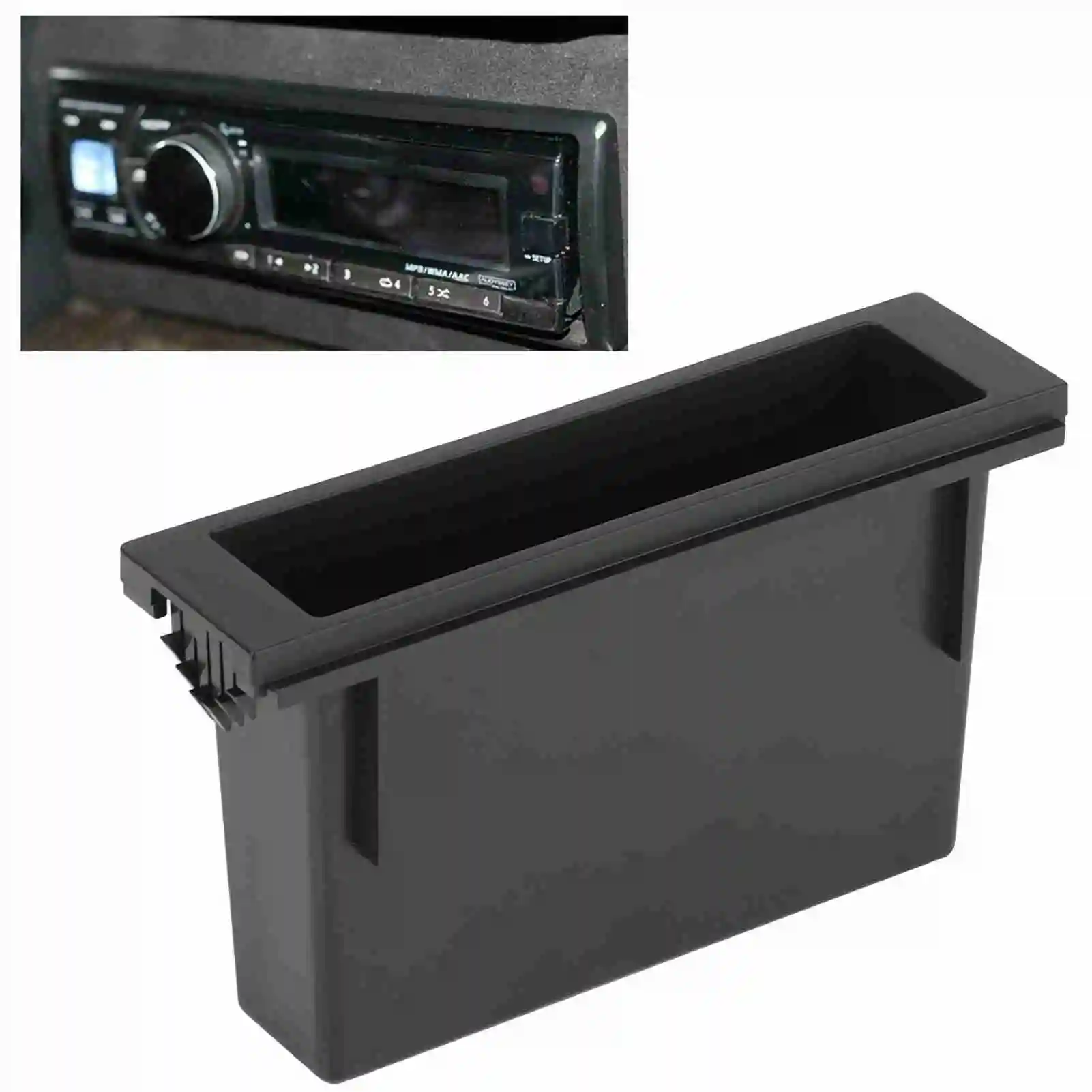 Caixa organizadora universal 1-DIN para rádio automotivo, com design de fácil acesso para uso no interior do veículo.
