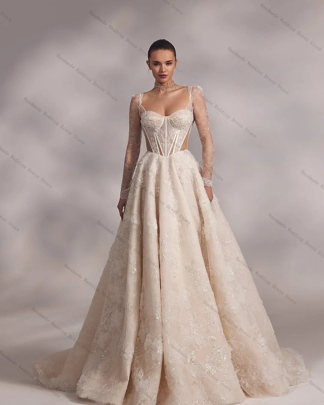 فستان زفاف نسائي أنيق مثير بدون حمالات بدون أكمام طويل على شكل حرف A فستان زفاف بأربطة من الخلف رداء مخصص